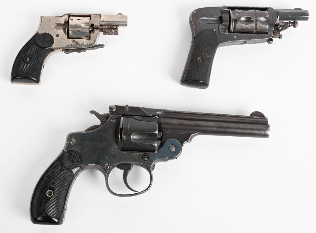 LOT OF (3) C&R DOUBLE ACTION REVOLVERS: Includes a Velo Dog type revolver and a Baby Hammerless Model 1910. Both are in 50-75% condition. Lastly, a S&W top break .38 Perfected with 4" barrel, serial 57424 that has been reblued. C&R