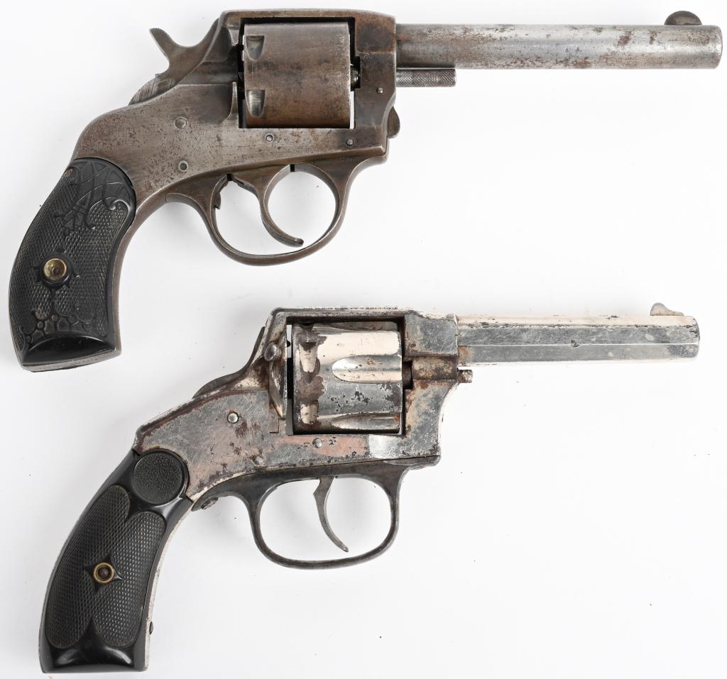PAIR OF SOLID FRAME AMERICAN DOUBLE ACTIONS: SERIAL NUMBER 684 / NA BARREL 3-1/2"/4-1/2" CALIBER 32 S&W BOTH MANUFACTURED EARLY 1900'S. Hopkins and Allen solid frame double action with nickel finish and hard rubber grips. CONDITION, Fair with fl