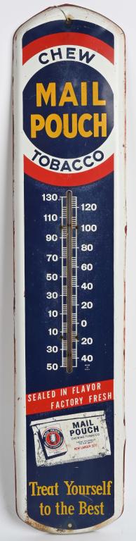 ORIGINAL 1940'S MAIL POUCH TIN SIGN THERMOMETER: Large outdoors thermometer advertising Mail Pouch Chewing Tobacco. Measures 39 x 8 ". Glass is still there but no mercury. Sign is pretty clean for something that hung outdoors for decades.