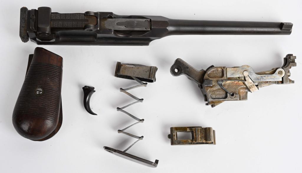 COMPLETE MAUSER MODEL C-96 BROOMHANDLE LESS FRAME: We had to destroy the frame as the serial number was missing but we completely disassembled this gun and are selling every single part on a previous working gun Visible numbers include 070 on back of 
