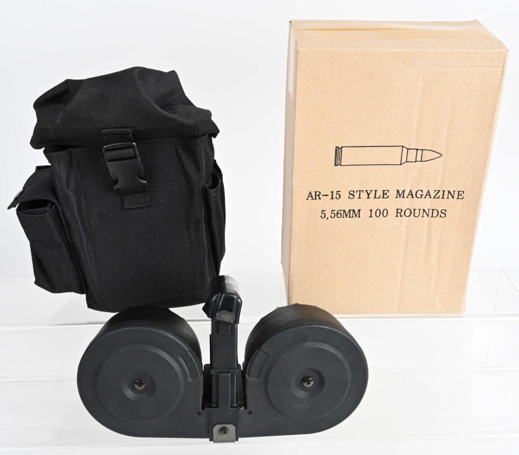 2 HIGH CAPACITY RIFLE 100 Rd. DRUM MAGZINES 223: Two unused high capacity magazines. One designed for the Ruger Min-14 and one designed for AR-platform rifles. Both feed 5.56 / .223 ammunition. Excellent