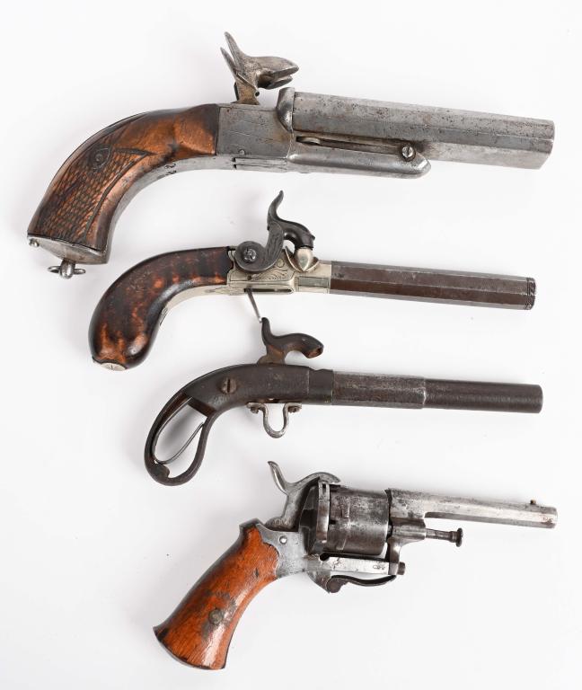 LOT (4) ANTIQUE PISTOLS: Includes a pin fire double barrel, a 4" barrel London marked boot pistol, an unmarked boot pistol parts gun and a small folding trigger pin fire revolver. None of these guns has any or much original f