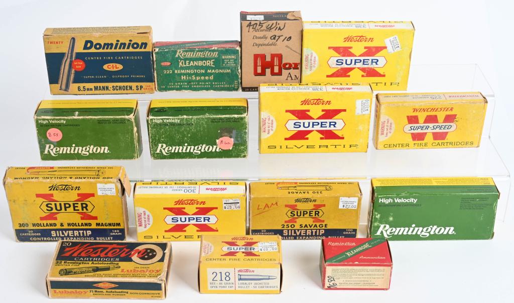 (14) BOXES OF ASSORTED HARD TO FIND AMMO: Includes Dominion 6.5 mann. schoen., Western 300 H&H, Western 22 Rem Auto, (2) boxes .250 Savage, Western .300 Savage, (2) Western .338, (90) rounds .22 Jet in two Remington boxes, box of 10 Hornaday 