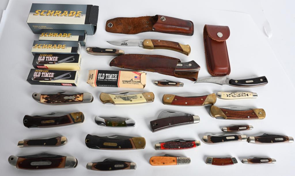 20 SCHRADE OLD TIMER NEW + VINTAGE KNIVES: Collection of approximately 20 Shrade knives. Many early two-blade 4.5" blade folders, miniature size pen knives with 2" blades, some have boxes, several leather sheath carriers, and more. Some show c