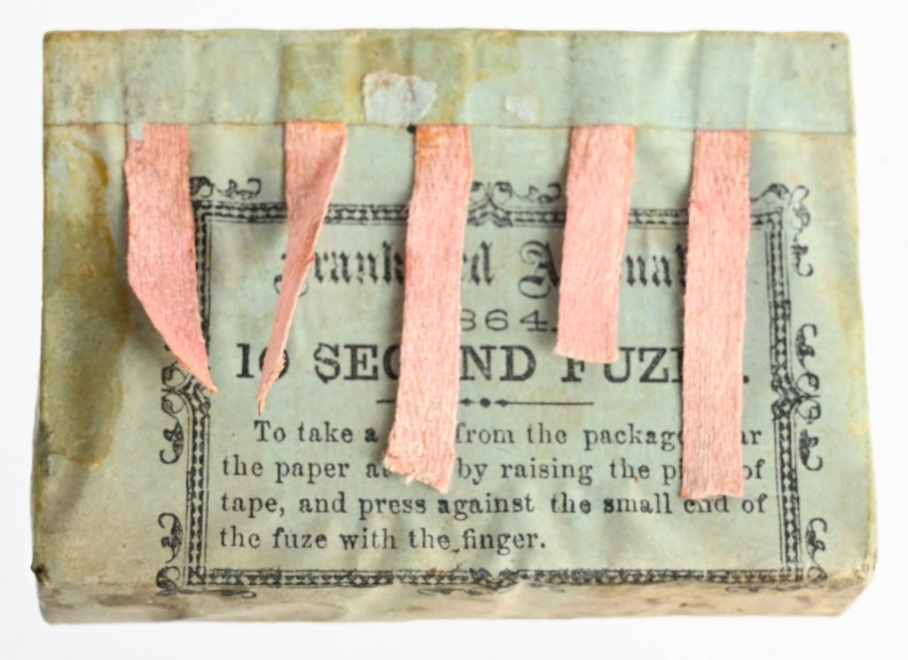 10 SEC. 1863 FRANKFORD ARSENAL CANNON SHELL FUZES: This is an original complete pack of Civil War cannon shell fuzes. This pack contains all 5 of the original paper fuzes that would have been inserted into the cannon shells to burn down like a candle