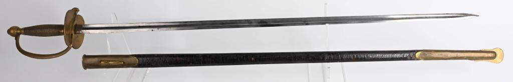 CIVIL WAR AMES U.S. MODEL 1840 NCO SWORD SCABBARD: Very nice original Civil War era Model 1840 NCO sword dated 1864 by Ames. A.D.K. inspector. Brass guard stamped C.S.L. Bright blade with good tip. Leather scabbard with brass throat and drag in excell