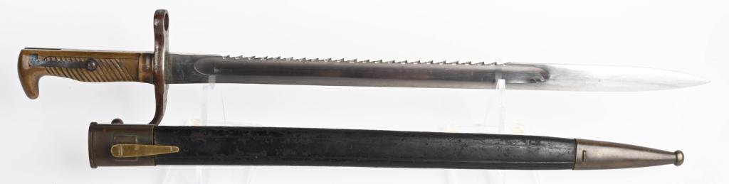 TRANSVAAL OVS MAUSER SAWBACK BAYONET BOER WAR: Stellar Transvaal OVS Mauser Rifle Sawback Bayonet with Scabbard. Produced of the Boers for use in their War with the British. Transvaal bayonet with scabbard made by Simson. The bayonet is in excelle