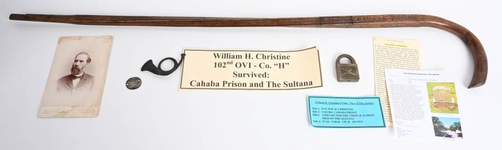 CIVIL WAR USS SULTANA SURVIVOR CARVED WALKING CANE: Grouping belonging to a member of the 102nd Ohio Volunteer Infantry and a survivor of Cahaba Prison and the USS Sultana, the worst US Maritime disaster is US History. The grouping consist if his walki