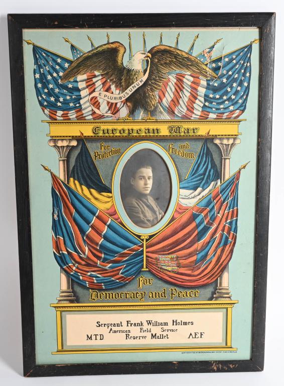 WWI AMERICAN FIELD SERVICE IDED MEMORIAL & PHOTO: American Field Service and Reserve Mallet service memorial identified to Sergeant Frank William Holmes of West Medford, Massachusetts. This beautiful lithograph features an actual photograph of Holmes