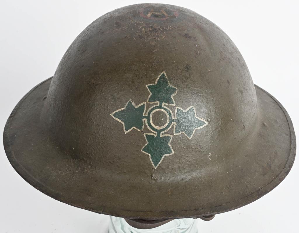 WW1 PAINTED 4TH DIVISION 3RD ARMY NAMED HELMET WWI: WW1 US Army 4th Division 3rd Army painted helmet complete with liner and chinstrap. Helmet is very nicely painted with a large 4th Division insignia to the front. To the top of the crown a 3rd Army pa