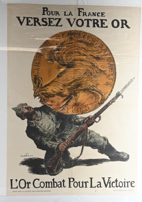 WW1 FRENCH WAR BOND POSTER FIGHT FOR VICTORY WWI: World War I French War Bond Poster: "Pour la France, Versez Votre Or, L'Or Combat Pour La Victorie". Artist Jules Abel Faivre, 1915. 31.25" x 45". Minor folds with no tears! A frightened German soldie