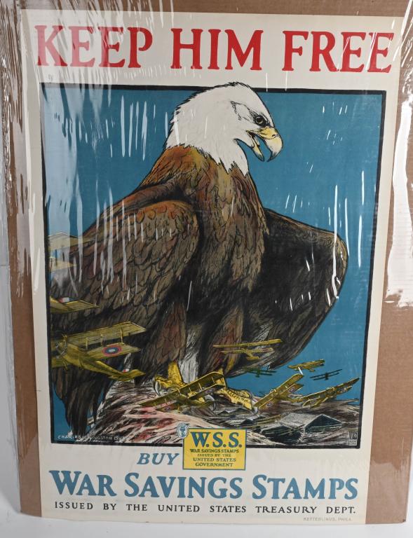WWI US WAR SAVINGS STAMP POSTER KEEP HIM FREE WW1: Approximately 20" x 30". Artist: Charles Livingston Bull. Issued by the U.S. Treasury Department to urge citizens to buy War Savings Stamps. The fantastic image features an eagle watching over her nes