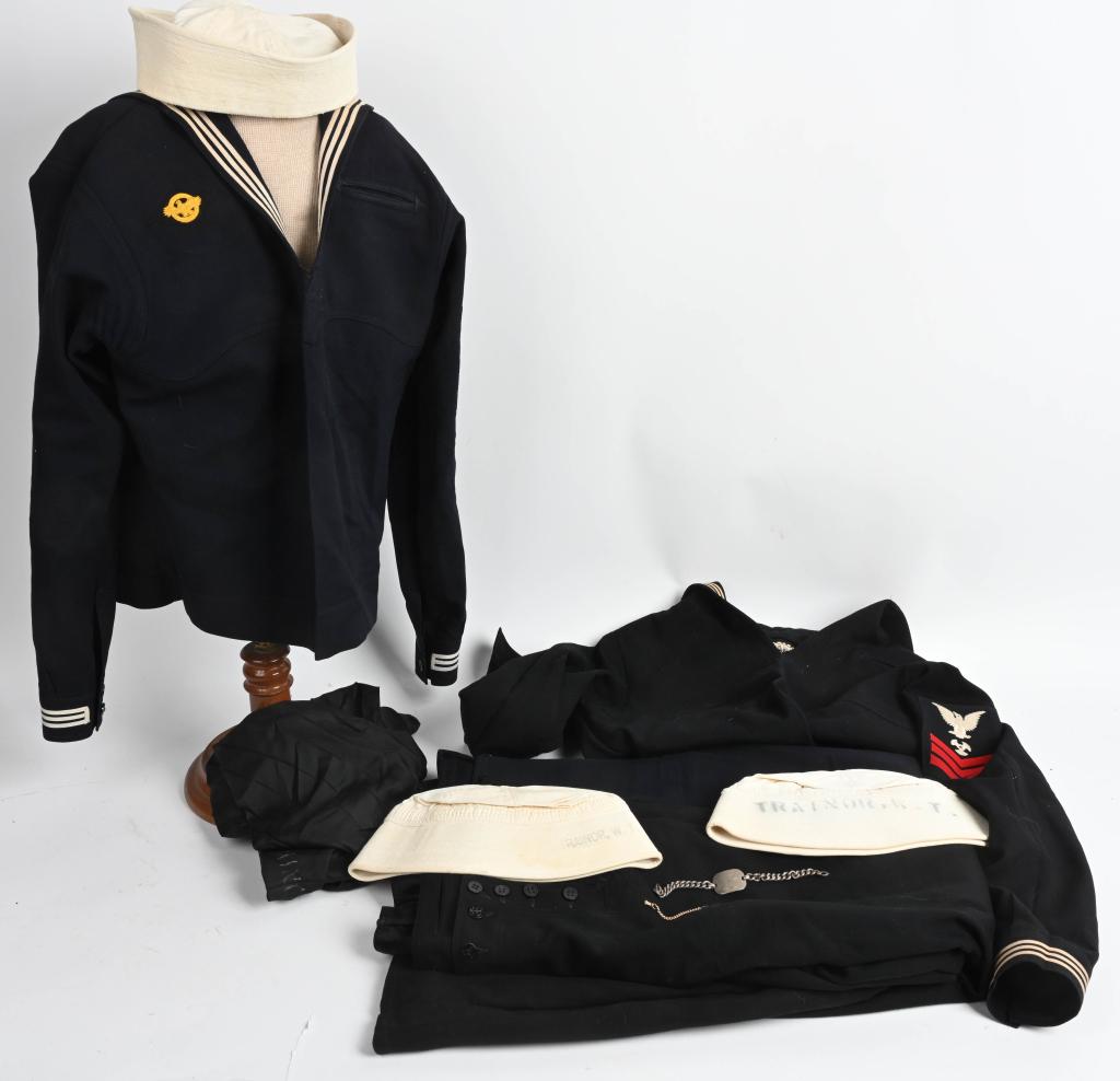 WWII US NAVY NAMED UNIFORM GROUPING WW2: WWII US Naval grouping including 1) 1st Class Machinist's mate's jumper jacket with trousers named to W. T. Tainor 2) 3 Dixie Cup Hats named to W. T. Tainor 3) Black Scarf 4) 1st Class Machinist's mat