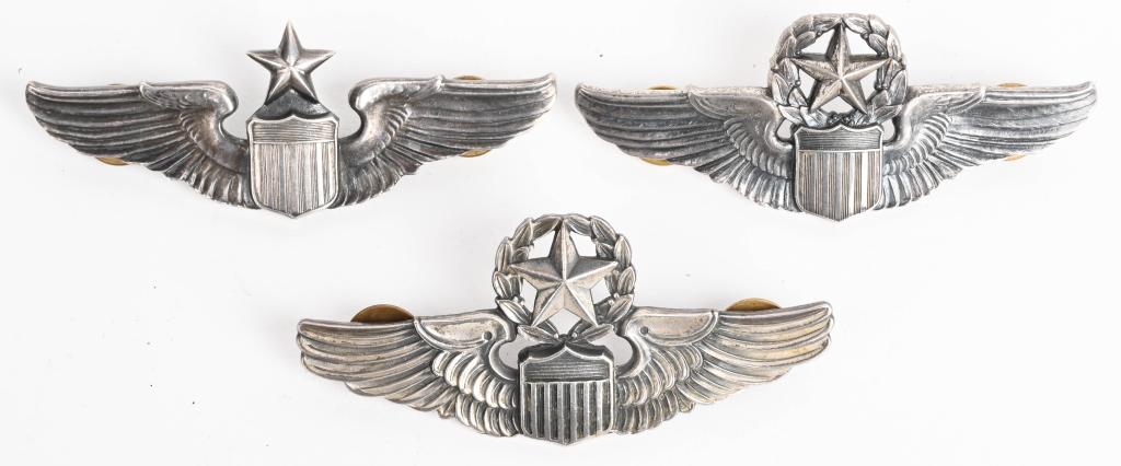 WWII COMMAND PILOT SENIOR PILOT WING LOT WW2: Wing lot of three to include 1) WWII Command Pilot Wings being clutch backed and maker marked JOSTEN STERLING to the reverse. 2) Post War Command Pilot Wings by Meyer New York with Shield 9/M 3) Senio