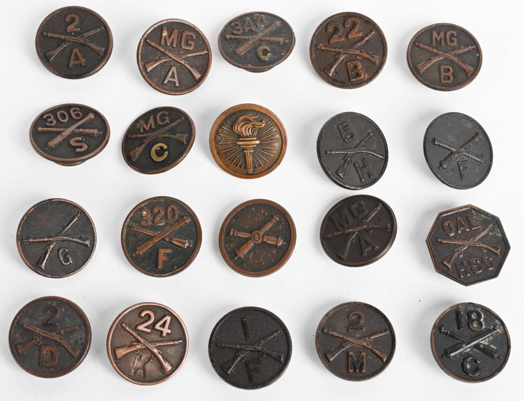 WW1 US ARMY ENLISTED COLLAR DISK LOT OF 20 WWI: WWI US Army collar disk to include 1) 306th Artillery S 2) 320th Artillery F Battery 3) 18 Artillery C Battery 4) Artillery F Battery 5)24th Infantry K Company 6) 2 Infantry D Company 7) 344th Artille