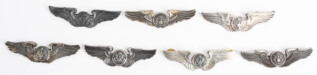WWII US ARMY AIR CORPS AIR CREW WING LOF OF 7 WW2: WWII US Army Air Corps wing lot to include 1) 3 Inch pin backed Air Crew marked to the reverse American Emblem Utica NY Sterling 2) 3 Inch pin backed Air Crew Marked STERLING 3) 3 Inch pin backed Air 
