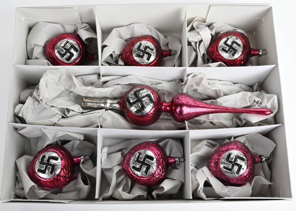 WWII 7pc NAZI GLASS BLOWN CHRISTMAS ORNAMENTS WW2: Lot of 7 Nazi German hand blown glass Christmas ornaments and tree topper. All very nice condition. Topper measures 10"