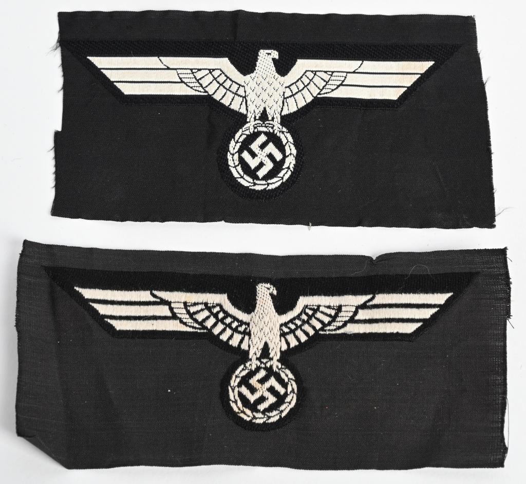 WWII NAZI GERMAN PANZER BREAST EAGLE LOT OF 2 WW2: PANZER EM/NCO'S M36 BREAST EAGLE LOT OF 2 (Hoheitsabzeichen). Early, M36 pattern, machine woven national breast eagle lot of 2 with outstretched wings, clutching a wreathed, canted, swastika in it’s