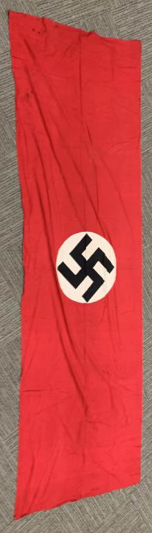 WWII NAZI GERMAN NATIONAL PARTY FLAG WW2: Large multi-piece cotton construction banner approximately 46 x 150 inches. To both its red fields are sewn an white disks with a printed mobile swastikas in black. Shows the expected period wear but