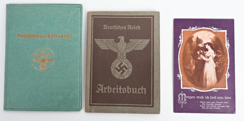 WWII NAZI GERMAN DOCUMENT GROUPING LOT OF 3 WW2: WWII Nazi German document group consisting of 1) Kaufmannsgehilfenbrief was issued to a young citizen of Nazi Germany, Margarete Henninger. She was born 27 August 1924 in Stuttgart. 2) Deutsches Reich