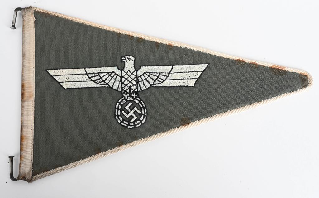 WWII NAZI GERMAN ARMY OFFICERS CAR PENNANT WW2: Roughly, 21cm tall at the hoist end, 33cm long, horizontal, isosceles triangle, loosely woven, dual-ply, field-gray fabric construction, dual sided, pennant features a hand embroidered national eagle,