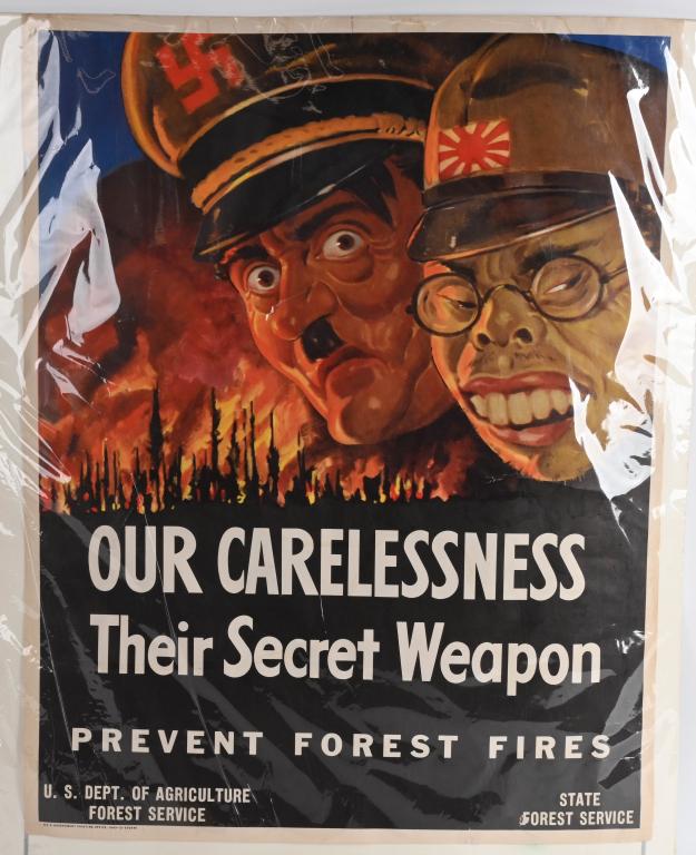 WWII POSTER OUR CARELESSNESS THEIR SECRET WEAPON: Printed by the U.S. Department of Agriculture Forest Service Forest. Conservation of the nation's forests in wartime was the main focus of posters commissioned by the Forest Service of the U.S. Depart