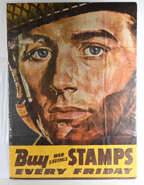 WWII US BUY WAR SAVINGS STAMPS EVERY FRIDAY POSTER: Large WWII US War Savings Stamps Poster by Rex Woods measuring 48 X 35 inches showing a war weary GI wearing his M1 Combat helmet with net with the text Buy War Savings STAMPS EVERY FRIDAY.