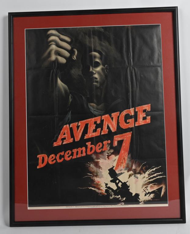 WWII AVENGE DECEMBER 7 PEARL HARBOR POSTER WW2: AVENGE DECEMBER 7, 1942. Original US WW2 Poster 26 x 32 inches framed. Designed by Perlin, Bernard, 1918-2014 for the Office of War Information, this propaganda poster was published in 1942 and is one