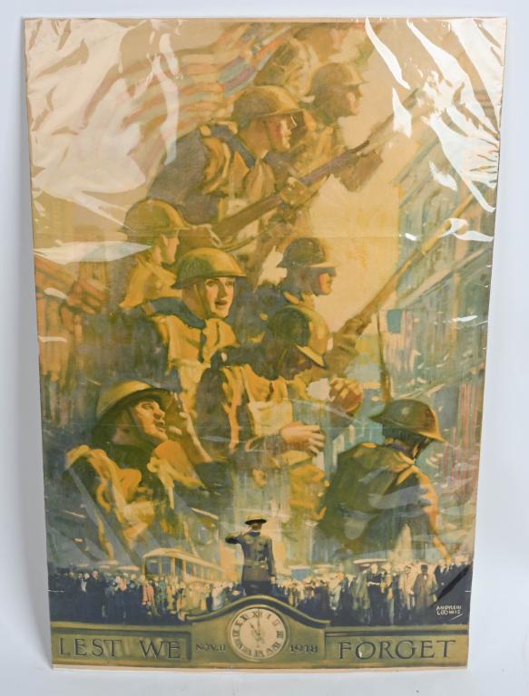WW1 POSTER LEST WE FORGET BY ANDREW LOOMIS: A WW1 poster on woven paper by Andrew Loomis; "Lest We Forget", depicting a parade of WWI soldiers showing the 11th Hour of the 11th Month of the 11th Day marking the end of WW1 hostilities. Poster ha