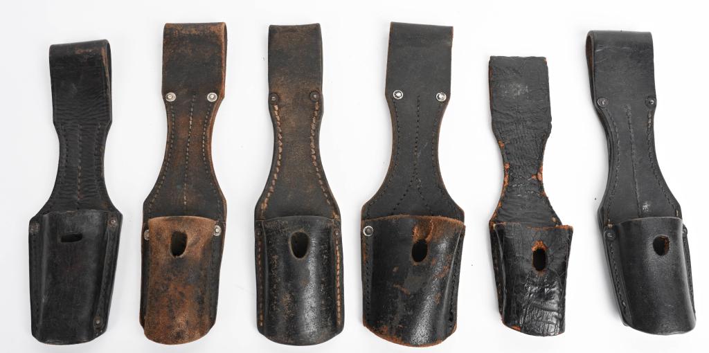 WWII NAZI GERMAN K98 RIFLE BAYONET FROG LOT OF 6: WWII Nazi German lot of 6 K98 bayonet leather frogs. Smooth blackened leather construction bayonet frogs in various states. Very Good to Excellent . The K98 bayonet was a modification of the already m