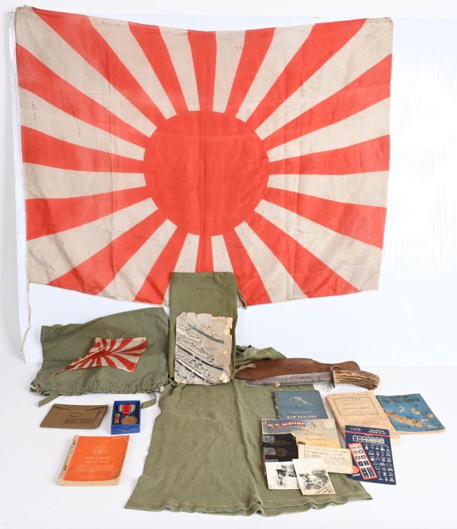 WWII THEATER MADE ID'ed COMBAT KNIFE W JAP FLAGS: WWII Fighting knife grouping to include 1) FIGHTING KNIFE made in Nouméa New Caledonia marked on the guard and pictured in theater knives of WWII on page 139 and was owed by PFC John Agnes ASN 355935