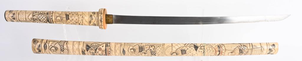 JAPANESE TRADE KATANA W/ BNE CARVED SCABBARD: Japanese trade sword measuring 33 1/2 in total length with a 18 1/2 inch blade. Wonderful detailed carved bone grip and saya. Habaki is brass. Excellent