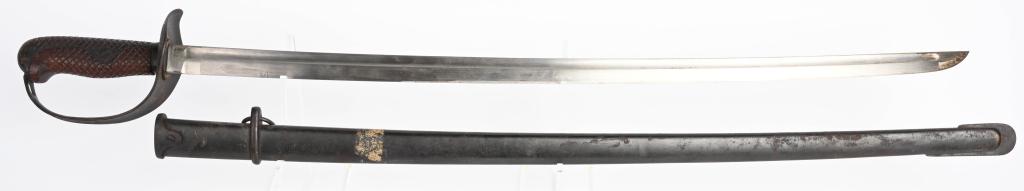 WWII JAPANESE CAVALRY "KO" NCO SWORD: World War II era Japanese NCO Sword Model 1889 "Ko" or Cavalry style, with hand guard. Matching numbers 64838 on ricasso and scabbard drag. Blade measures approximately 30 1/4". Spring lock clip funct