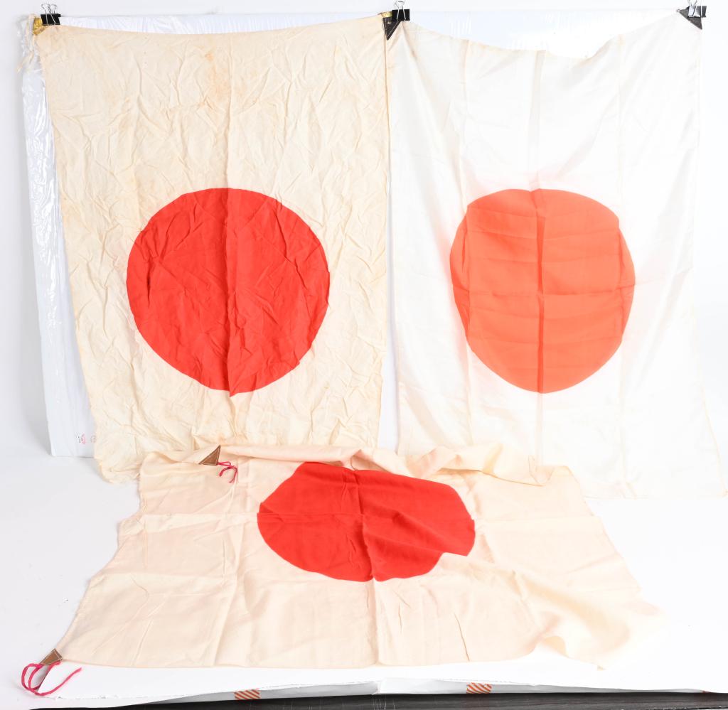 WWII JAPANESE NATIONAL FLAG LOT OF THREE WW2: Lot of three WWII Japanese silk National flags. All are in excellent condition. The largest measuring 29X33 and all are excellent