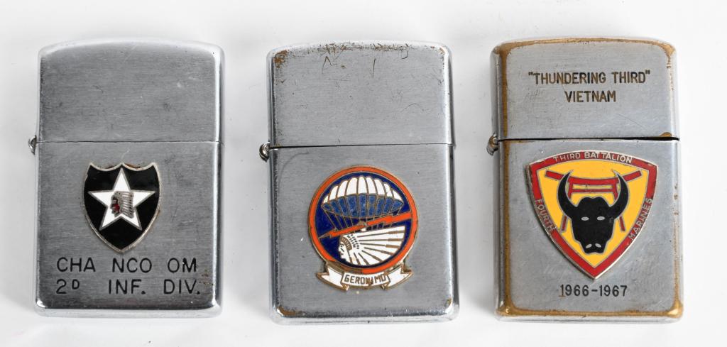VIETNAM US LIGHTER LOT 101st 2nd DIV 3RD MARINES: Lot of three military lighters to include 1) 2nd Division US Army. The obverse has a patch DI and just below is CHA NCO OM 2d INF. DIV. lighter was produced by A B C Sunmy Korea. In 1965 at Fort Benni