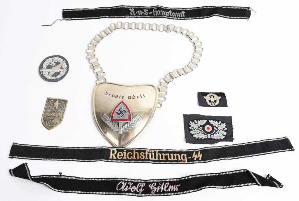 REPRO WWII NAZI SS INSIGNIA CUFFTILES PANZER WW2: Repro WWII Nazi German insignia lot to include 1) R.u.S. Hauptamt Race & Resettlement Office Staff cufftitle 2) Reichsfuhrung-SS SS High Command personnel cufftitle, 3) Adolf Hitler cufftitle, 4) DLV 