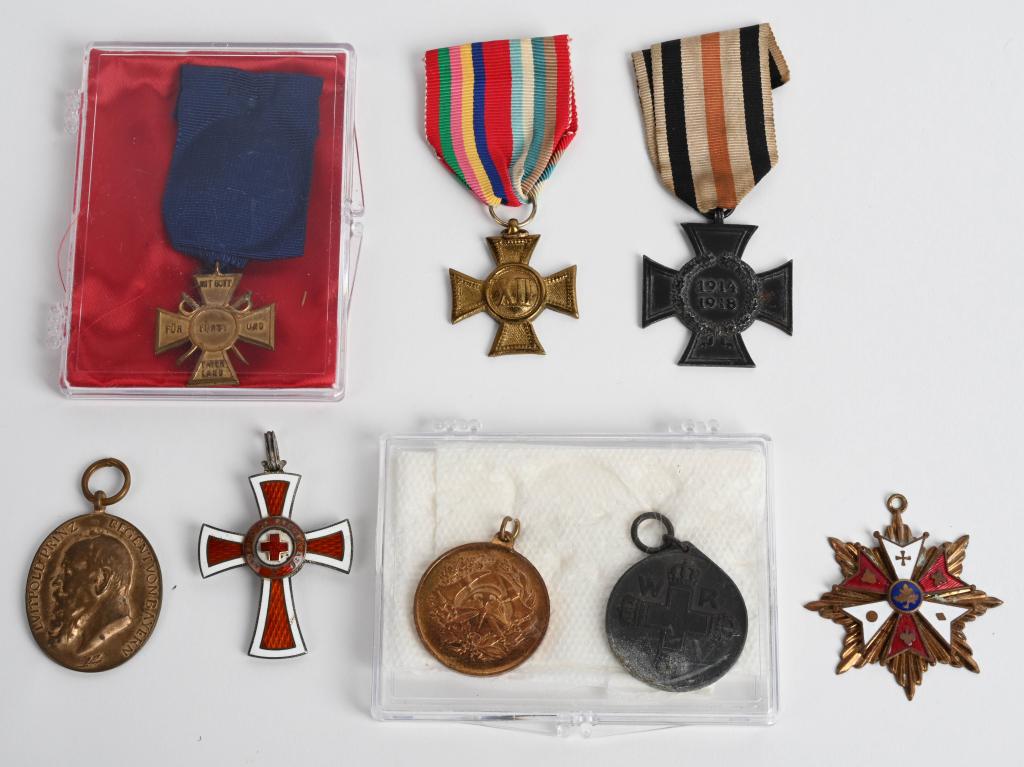 WW1 IMPERIAL GERMAN AUSTRIAN MEDAL LOT OF 8 WWI: WW1 Imperial German and Austrian medals to include 1) Cross of Honor 1914-18 without Swords. 2) Bavarian Prince Regent Merit Medal missing ribbon. 3) Prussian Red Cross Medal 3rd Class missing ribbon 