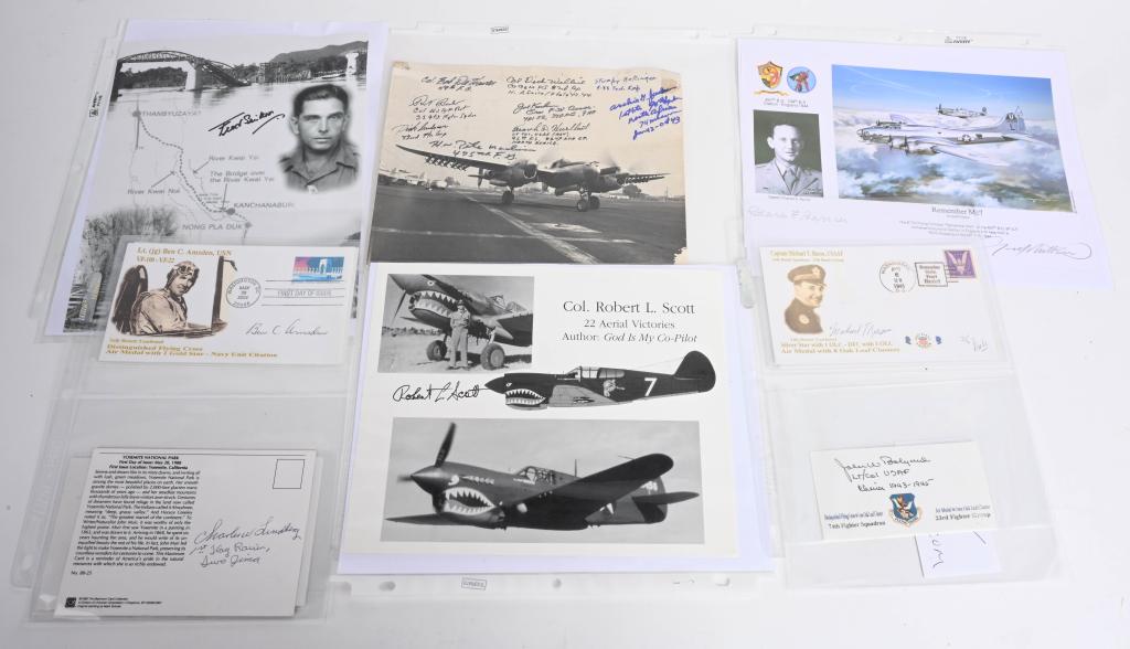 WWII SIGNED PHOTOS OF ACES & IWO JIMA FLAG RAISER: Lot of 12 WWII signed photos of famed aces and other notables to including Richard Asbury, Col. Robert Scott, Captain Charles Barrier, Fred Seiker, Captain Michael Russo, Lt. Comdr. Willard Eder, Lt. 