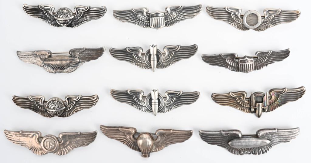 POST WWII SETS OF WINGS MOST MEYER RESTRIKES WW2: Collection of 12 Post WWII, mostly Sterling wing including 2 sets of Airship Pilot, Meyer marked Observer Pilot, Balloon Pilot in Sterling, Meyer restrikes in sterling to include Aerial Gunner, Pilot,