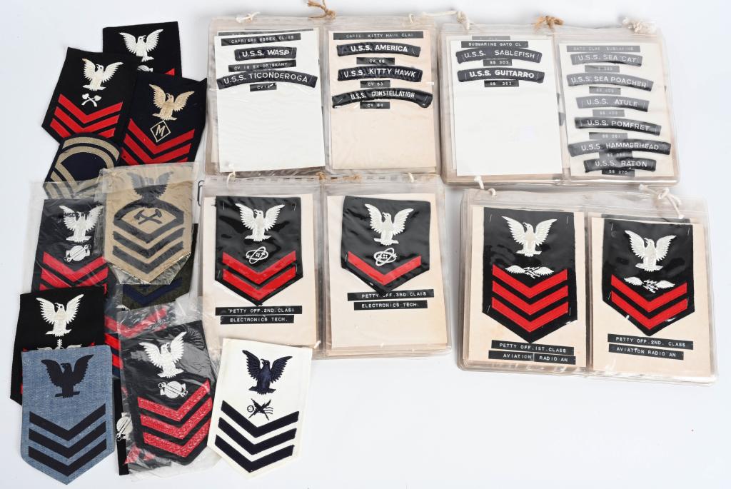 WWII & POST WWII NAVY RATE AND SHIP PATCH LOT: Large lot of WWII and Post WWII US Navy Ship rates and Ship rockers from Submarines to Aircraft Carriers. There are several Navy Rates from WWII to the 1980's