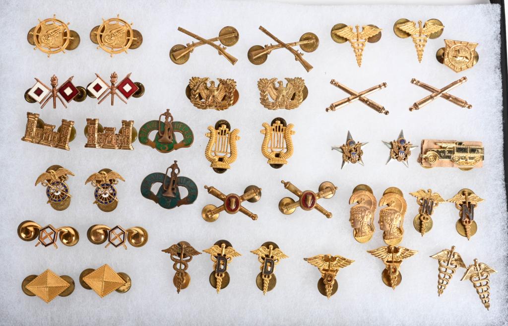 WWII US ARMY OFFICER COLLAR BRASS LOT OF 20 SETS: WWII US Officer Collar sets of Insignia to include 1) Motor Transport 2) Infantry 3) Medical Corps 4) Single Intelligence Corps 5) Signal Corps 6) Warrant Officer 7) Artillery 8) Engineer 9) 3rd Armor