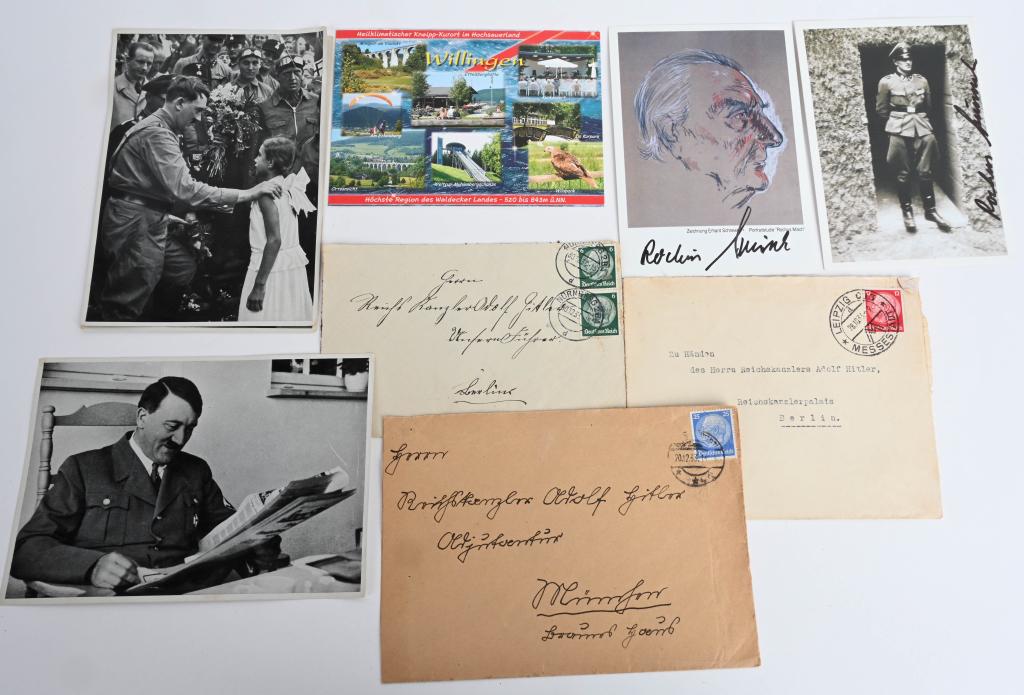 WWII NAZI GERMAN ADOLF HITLER ENVELOPES W/ PHOTOS: WWII Nazi German 3rd Reich period mailed envelopes to Adolf Hitler and 3 signed cards of Rochus Misch who was the last surviving occupant in Hitler's Bunker. Rochus Misch (29 July 1917 – 5 September