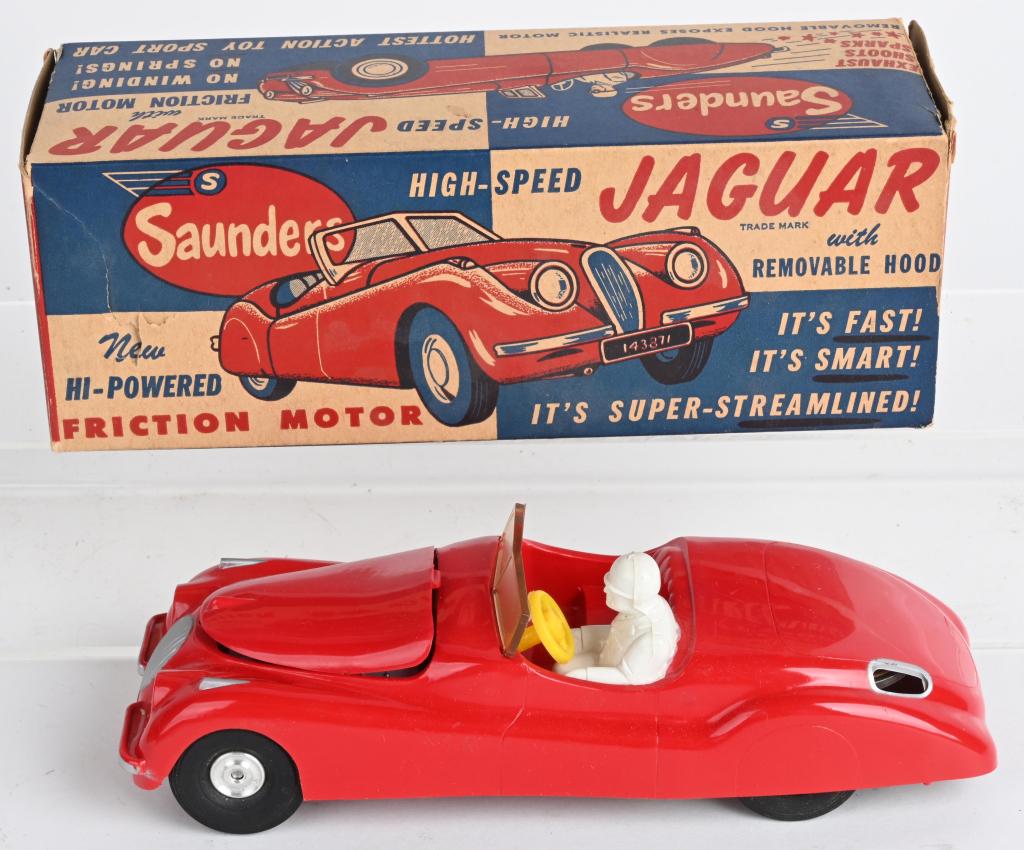 SAUNDERS FRICTION JAGUAR XK w/ BOX: Nice Jaguar XK with friction drive. All original and looks never played with. Has removable hood. Boxed 9" Excellent