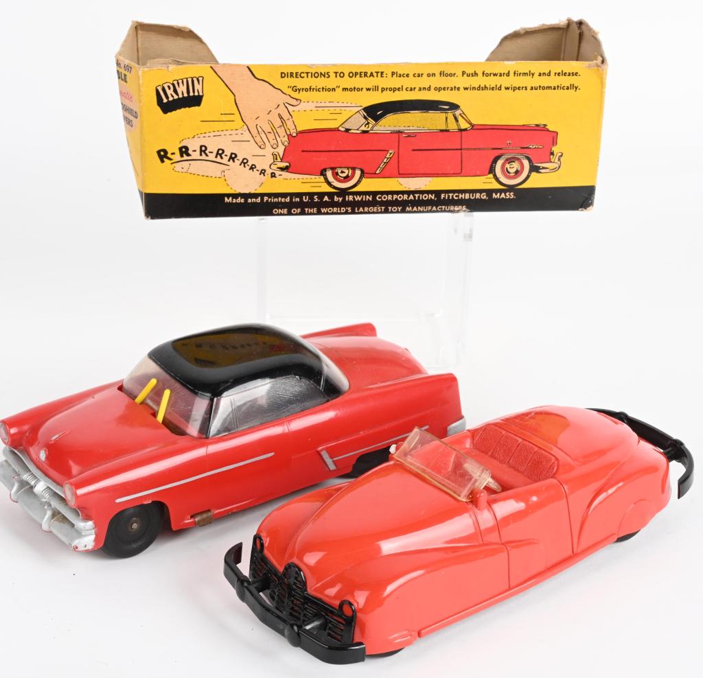 2- VINTAGE PLASTIC CARS: Includes Irwin friction Convertible with Box and Red Planet battery operated Packard. Both all original and in great shape. Largest 9" Excellent