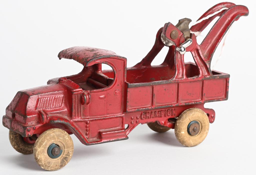 CHAMPION MACK cast iron LARGE SIZE TOW TRUCK: Great looking 1930's 9" Champion cast iron Wrecker Tow Truck. All original except for crank and hook. No cracks or breaks. 9", Very Good-Excellent