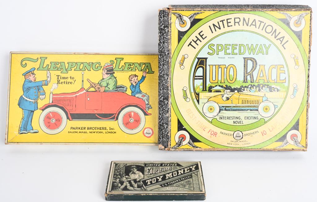 SPEEDWAY AUTO RACE & LEAPING LENA GAMES: The International Speedway Auto Race, Leapin Lena, and Educational Money. All Boxed. Largest 13" Excellent