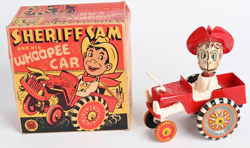 MARX WINDUP SHERIFF SAM WHOOPEE CAR w/ BOX: All original and complete. Windup works. Boxed 6 1/2" Excellent