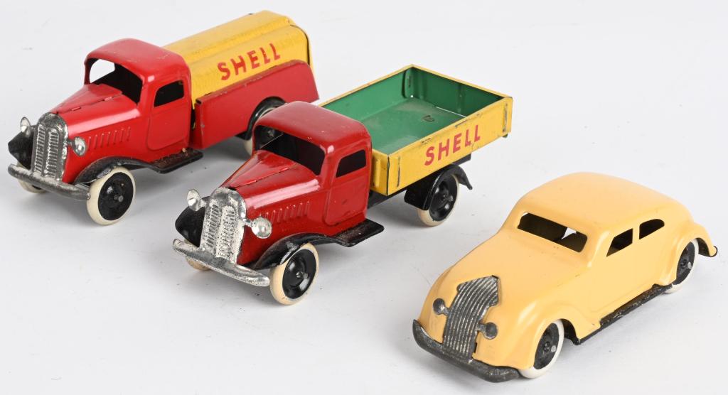 LEHMANN GNOM SHELL TRUCKS & AIRFLOW CAR: All original and in great shape. Largest 4 1/4" Excellent