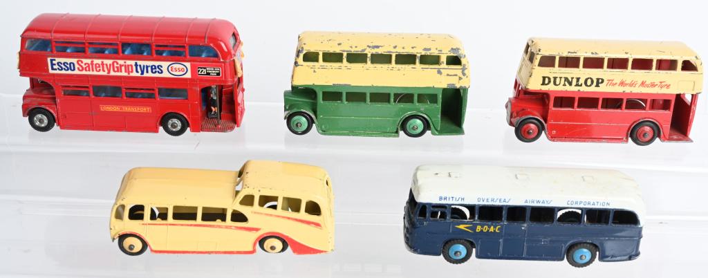 5- DINKY TOYS BUSES: Includes Dunlop Double Decker, BOAC Bus, Observation Coach, Routemaster Bus, and Double Decker Bus. All original and in mostly great shape.