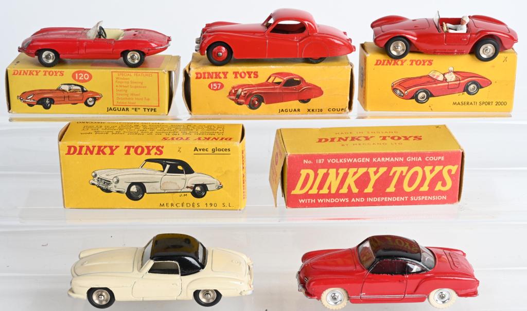 5- DINKY TOYS VEHICLES w/ BOXES: Includes Mercedes 190 SL, Volkswagon Karmann Ghia Coupe, Jaguar XK 120 Coupe, Maserati Sport 2000, and Jaguar E Type. All original and in great shape. All Boxed